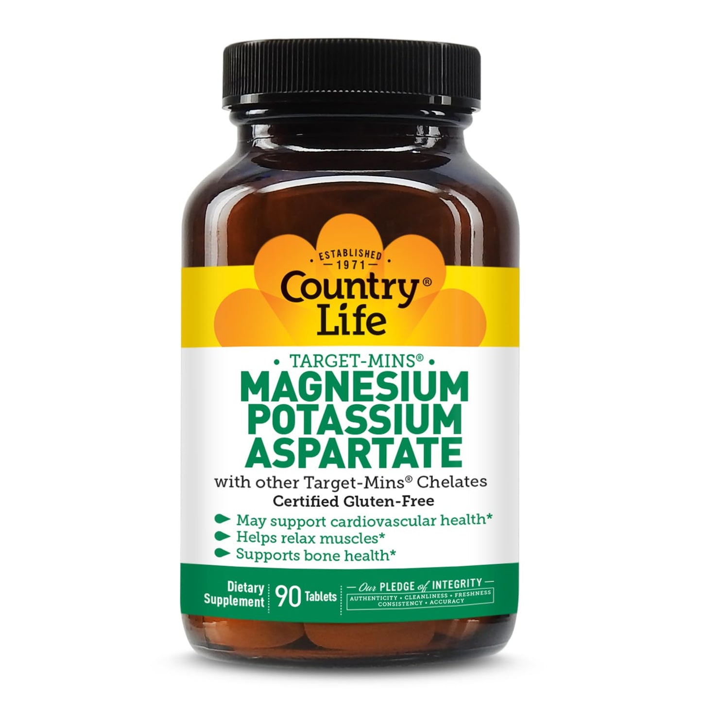 Country Life Target-Mins Magnesium Potassium Aspartate 600 mg/198 mg, Heart, Muscle & Bone Support, Vegan, Gluten-Free, Kosher, 180 Tablets