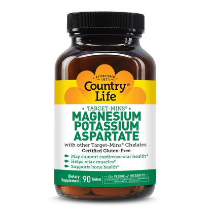 Country Life Target-Mins Magnesium Potassium Aspartate 600 mg/198 mg, Heart, Muscle & Bone Support, Vegan, Gluten-Free, Kosher, 180 Tablets