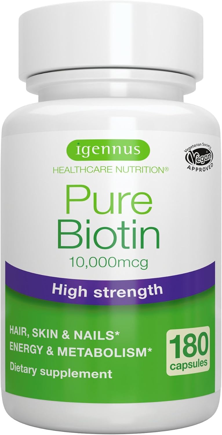 Igennus Clean Biotin 10,000mcg, High Potency Vitamin B7, Lab Verified, Vegan, 1-a-Day, Small Easy to Swallow Capsules, No After Taste or Smell, Hypoallergenic