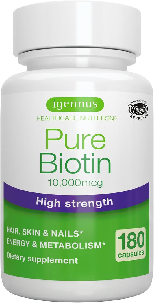 Igennus Clean Biotin 10,000mcg, High Potency Vitamin B7, Lab Verified, Vegan, 1-a-Day, Small Easy to Swallow Capsules, No After Taste or Smell, Hypoallergenic