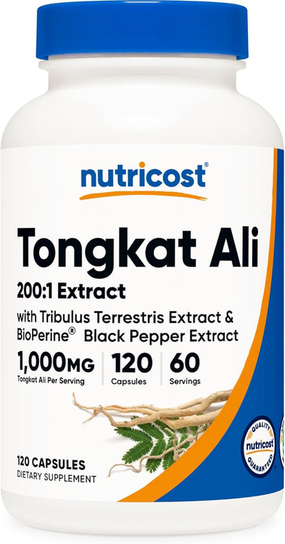 Nutricost Tongkat Ali 1,000mg 120 Capsules, Gluten Free, GMO-Free | With Tribulus Terrestris and BioPerine, Vegetarian Caps, Potent Extract