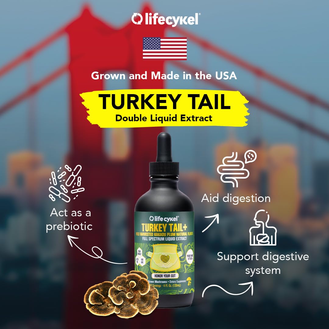 Life Cykel -Turkey Tail Mushroom Liquid Extract Kakadu Plum- 100% Organic Turkey Tail Mushrooms-Immune Support Supplement Immune Defense Antioxidants Vitamin C Made in US, 2 Fl oz(Packaging May Vary)