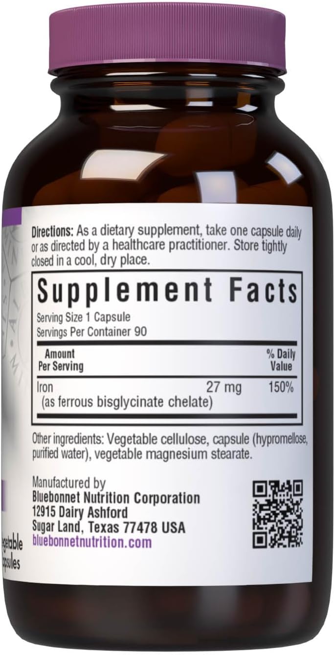 Bluebonnet Nutrition Albion Extra-Strength Chelated Iron 27 mg, For Healthy Red Blood Cell production*, Soy-Free, Gluten-Free, Non-GMO, Kosher, Dairy-Free, Vegan, 90 Vegetable Capsule, 90 Serving