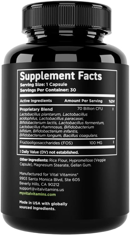 Vital Vitamins Probiotic Complex, 70 Billion CFU for Men & Women | 10-Probiotic Strain Blend with Prebiotic FOS, Supports Digestion & Immunity, Shelf-Stable, 30 Capsules