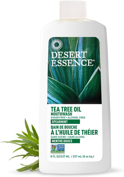 Desert Essence Alcohol-Free Mouthwash with Tea Tree Oil and Aloe, Sugar-Free, Oral Rinse to Provide Botanical Care for Teeth & Gums, Vegan, Non-GMO, SLS-Free, Gluten-Free, Spearmint Flavor, 8oz