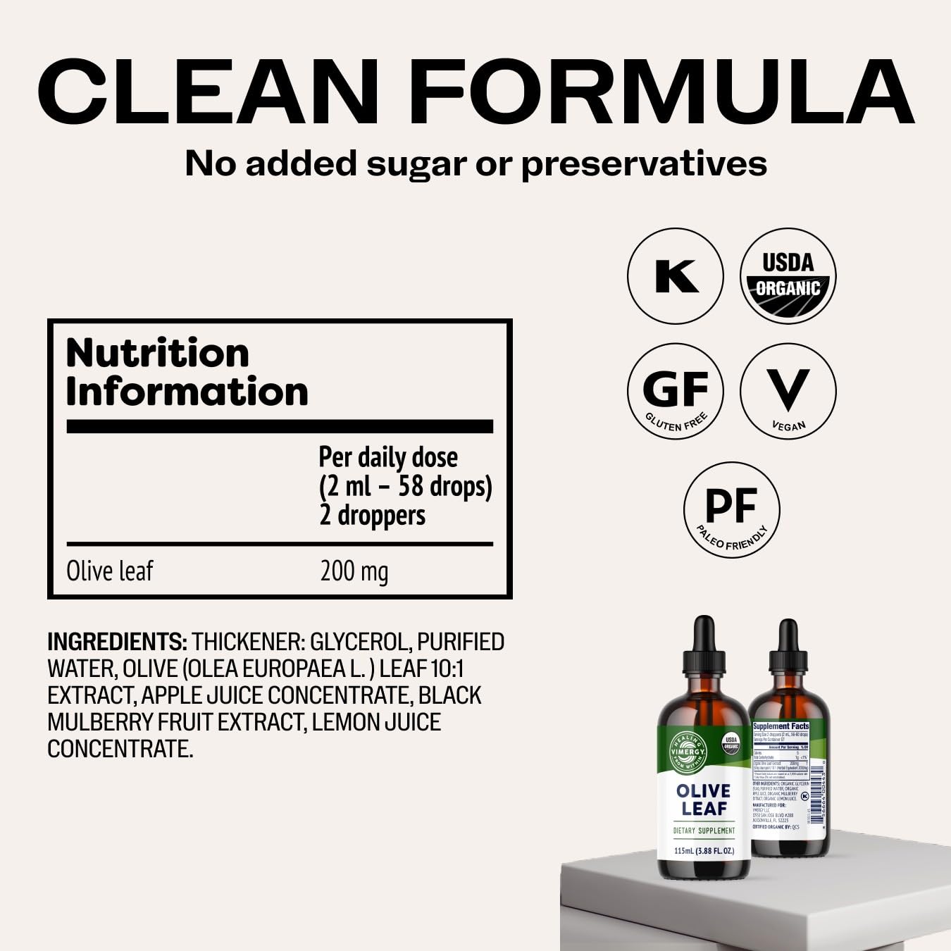 Vimergy Olive Leaf – Supports Immune Health* 57 2mL (2 Droppers or 58 Drops) Servings (200mg Extract Per Serving) – USDA Certified Organic, Vegan, Paleo-Friendly and Gluten-Free – 115 mL