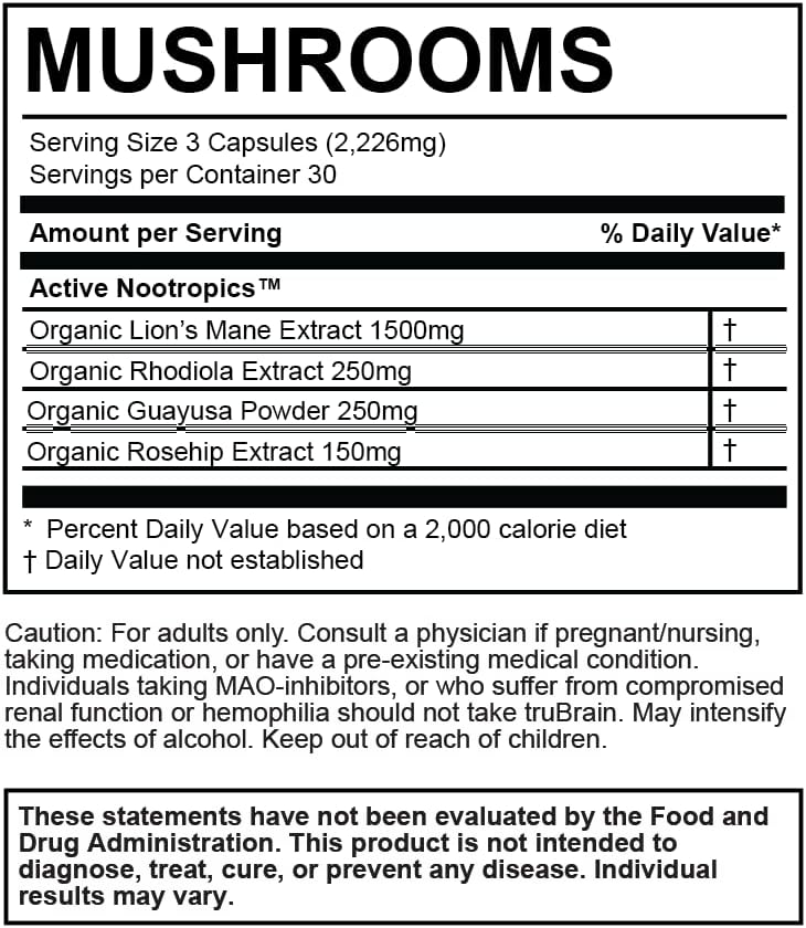 TruBrain Nootropic Capsules - Focus, Energy, Clarity. Fast Absorbing Nootropics Capsules | Brain Boosters | Improve Memory | Stop Procrastination (Mushrooms)