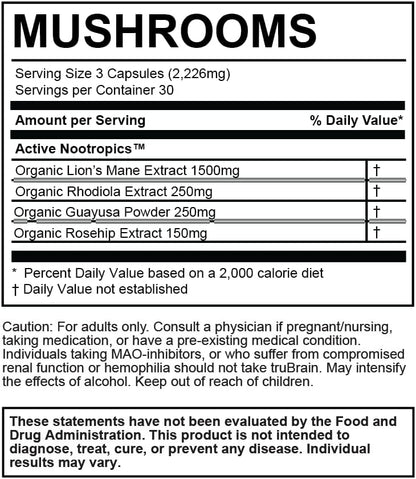 TruBrain Nootropic Capsules - Focus, Energy, Clarity. Fast Absorbing Nootropics Capsules | Brain Boosters | Improve Memory | Stop Procrastination (Mushrooms)