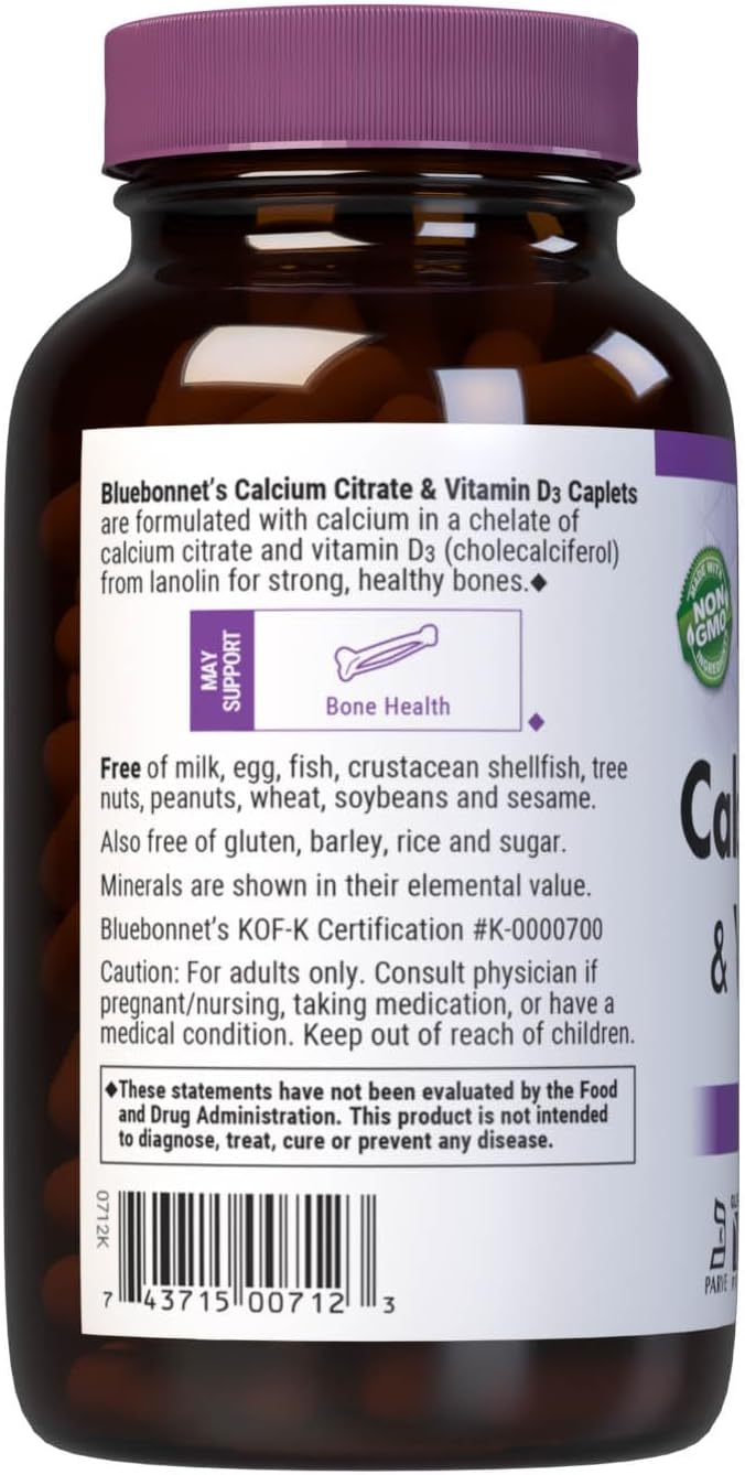 Bluebonnet Calcium Citrate with Vitamin D3 - Daily Bone Health & Strength Plus Immune Support* 1000mg Calcium Supplement for Women & Men - Non-GMO, Gluten-Free - 180 Caplets