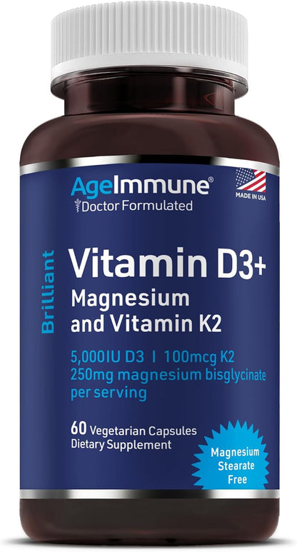 AgeImmune Brilliant D3+ Complex - 60 Capsules - 5000 IU Vitamin D3 + K2 + Magnesium Glycinate Supplement - Doctor Formulated for Immune & Bone Support - No Stearates, No Dioxides