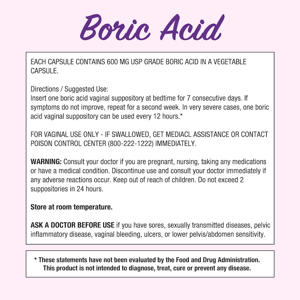 Puregen Labs Boric Acid 600 mg Vaginal Suppositories - 100% Pure | All Natural Without Dyes or Fillers