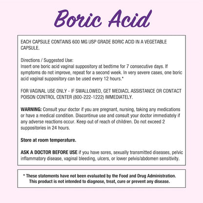 Puregen Labs Boric Acid 600 mg Vaginal Suppositories - 100% Pure | All Natural Without Dyes or Fillers