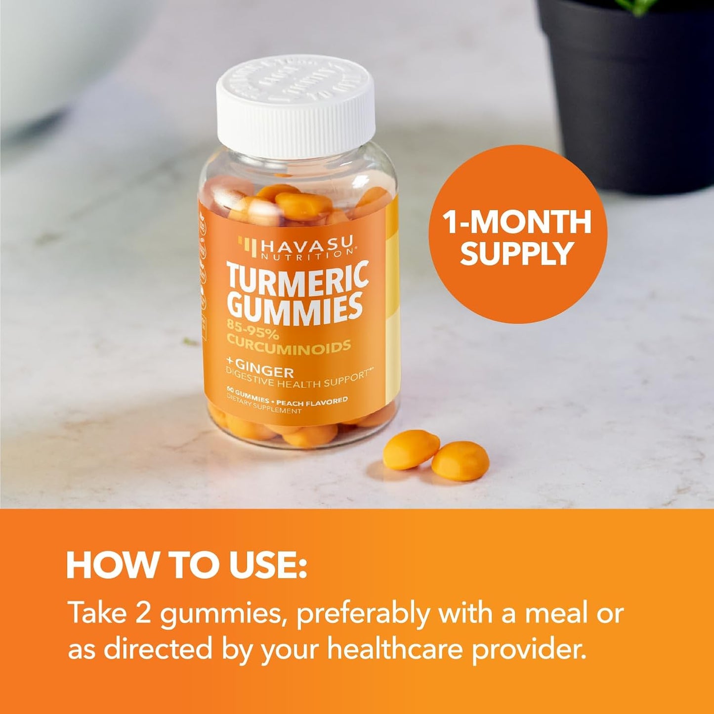 Turmeric Gummies, Peach, 60ct, Digestive & Immune Support for Wellness | Turmeric Gummies with Ginger Root Extract, Digestive Health & Immune Support for Overall Wellness, 1 Month Supply