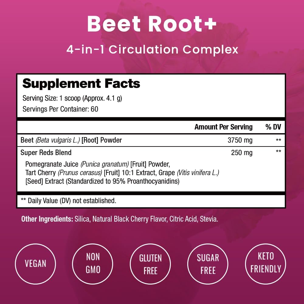 NutraChamps Beet Root Powder Circulation Supplement, Superfood Powder Nitric Oxide with Beetroot Juice, Super Reds & Grape Seed Extract, No Sugar Beet Supplement - 8.74 Oz