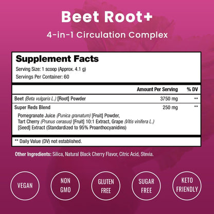 NutraChamps Beet Root Powder Circulation Supplement, Superfood Powder Nitric Oxide with Beetroot Juice, Super Reds & Grape Seed Extract, No Sugar Beet Supplement - 8.74 Oz
