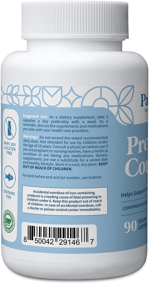 Pattern Wellness Prenatal Complex for Women – Prenatal Vitamin with DHA, Folate, Iron, Probiotics & Biotin – Support from Preconception to Postpartum - 90 Capsules
