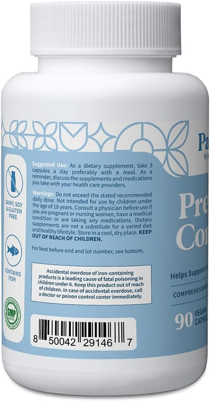 Pattern Wellness Prenatal Complex for Women – Prenatal Vitamin with DHA, Folate, Iron, Probiotics & Biotin – Support from Preconception to Postpartum - 90 Capsules