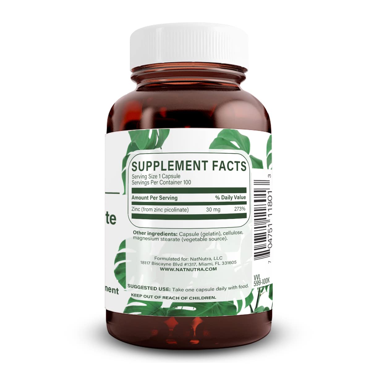 Natural Nutra Zinc Picolinate 30 mg, Double Strength, Raw and Pure, Highly Bioavailable Supplement for Growth and Immune Support, Helps Promote Skin Health, Helps Support Metabolic System 100 Capsules