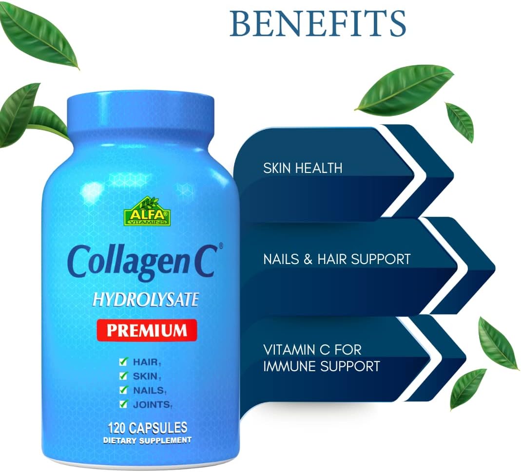 ALFA VITAMINS CollagenC Hydrolysate Premium Dietary Supplement with Vitamin C, Supports Skin, Hair, Nails & Bone Health, Enhances Collagen Production, Collagen Peptides for Rejuvenation,120 Capsules