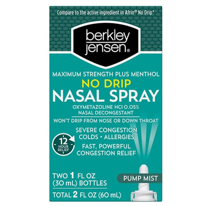 Berkley Jensen No Drip Severe Congestion Nasal Spray - Maximum Strength Decongestant with Oxymetazoline HCl & Menthol - Pump Mist Applicator, No Steroid, 12 Hour Relief, 1 Fluid Ounce (Pack of 3)