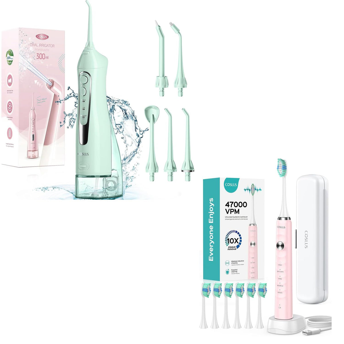 COSLUS Water Dental Flosser Teeth Pick: Portable Cordless Oral Irrigator 300ML Rechargeable and Electric Toothbrush for Adults Kids Wireless Rechargeable Tooth Brush