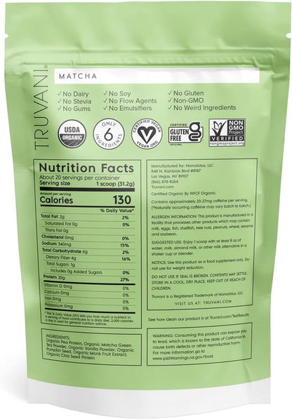 Truvani Organic Vegan Protein Powder Matcha - 20g of Plant Based, Organic Protein