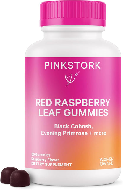 Pink Stork Red Raspberry Leaf Gummies for Labor Prep, 60 Count | Evening Primrose Oil + Black Cohosh, Pregnancy + Postpartum Mood Essentials, Vegan, Non-GMO