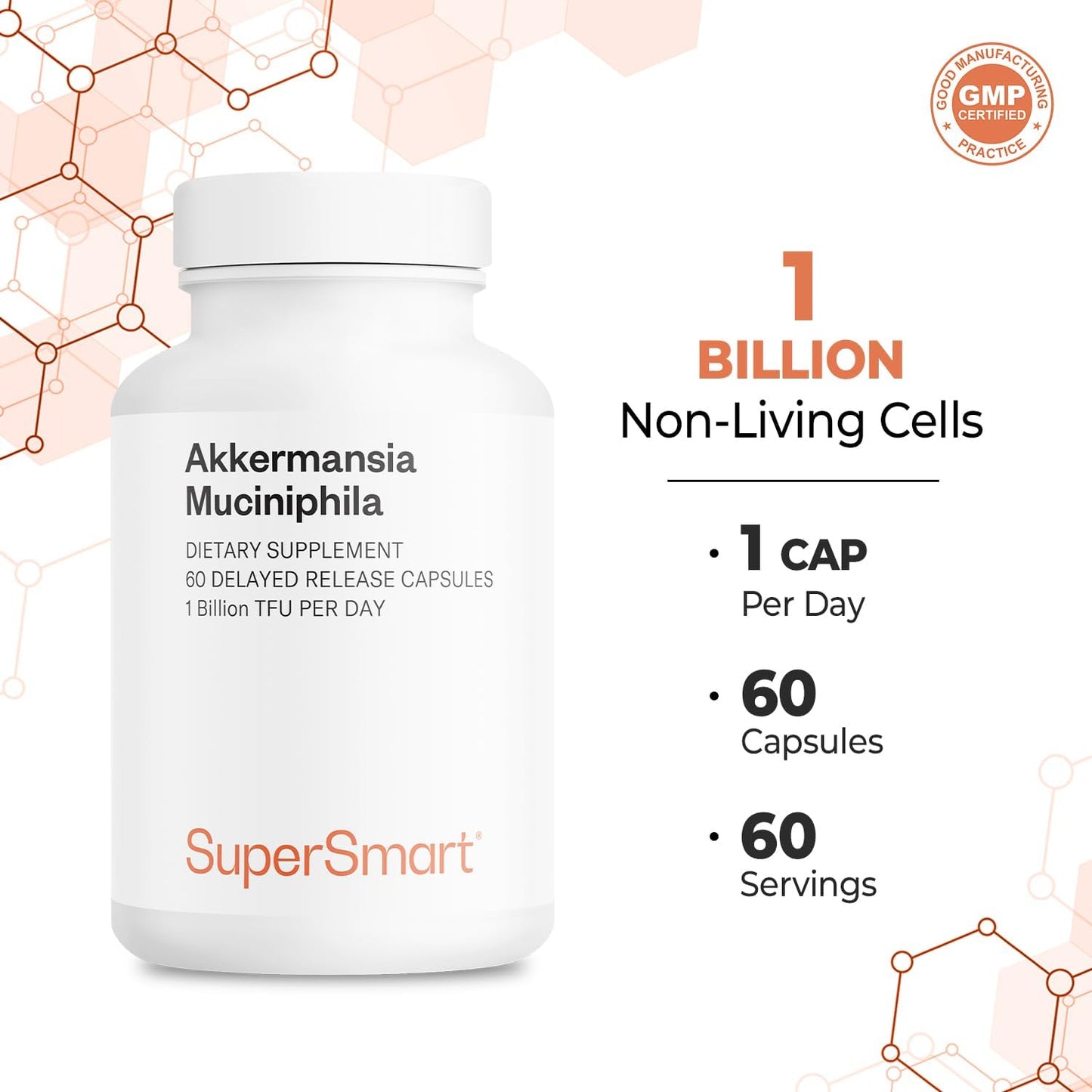 Supersmart Akkermansia Muciniphila 1 Billion TFU per Day (Pasteurized Probiotic) - Enhanced Absorption - Postbiotic Supplement | Non-GMO & Gluten Free - 60 Delayed Release Capsules