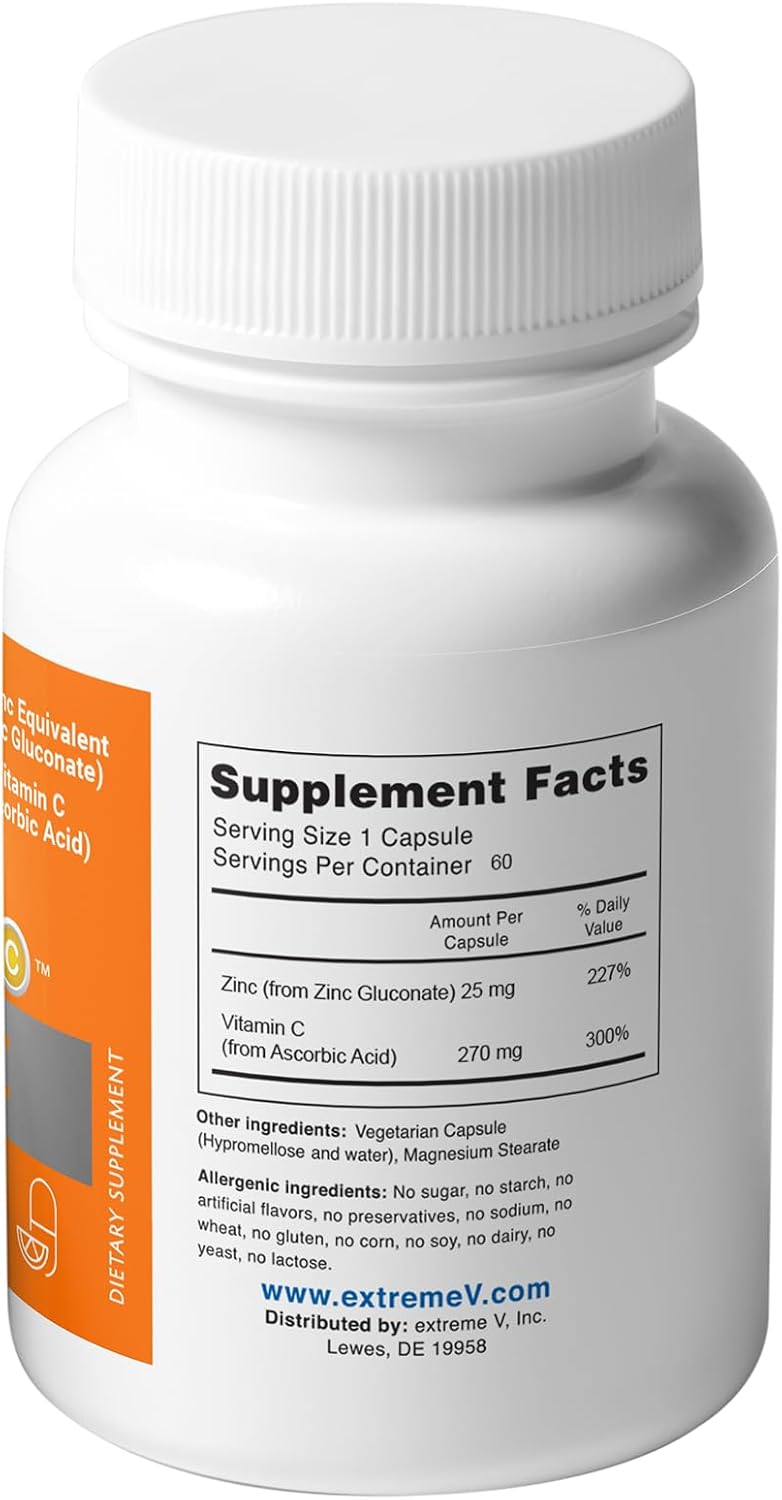 GluzinC Zinc & Vitamin C Supplement | 25 mg Zinc Gluconate + 270 mg Ascorbic Acid | Daily Immune Nutrients | 60 Veg Caps