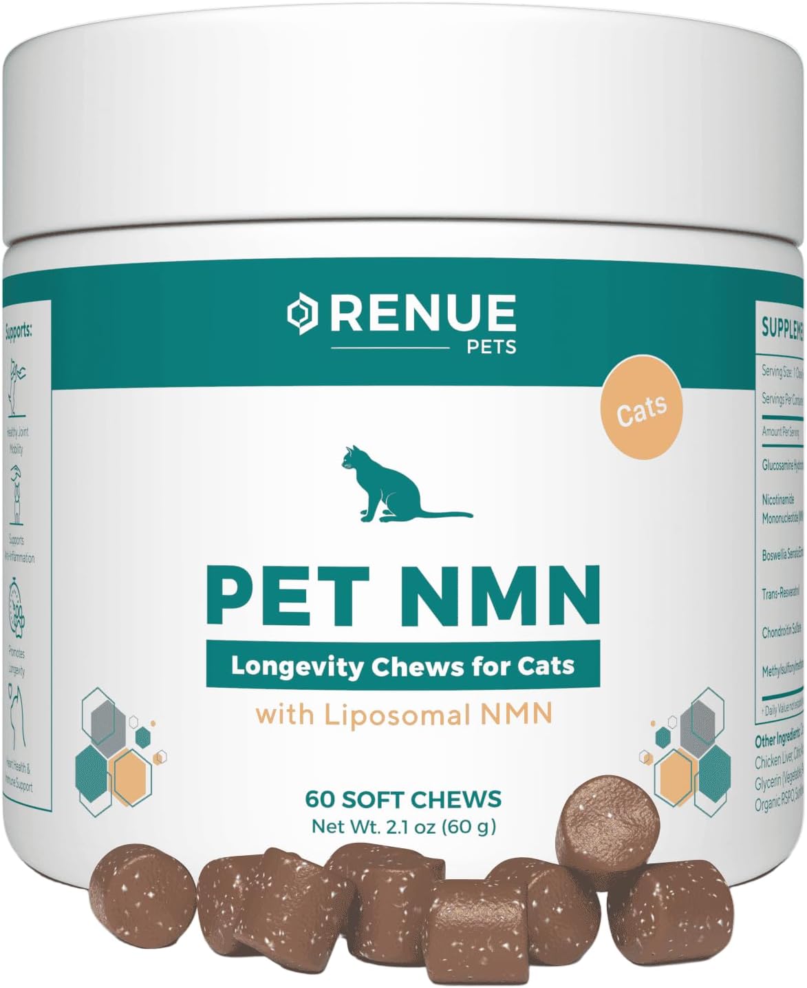 Renue By Science PET NMN Longevity Chews for Cats - Liposomal NMN with Fish Oil - Cold Extruded Soft Chews - 60 Count