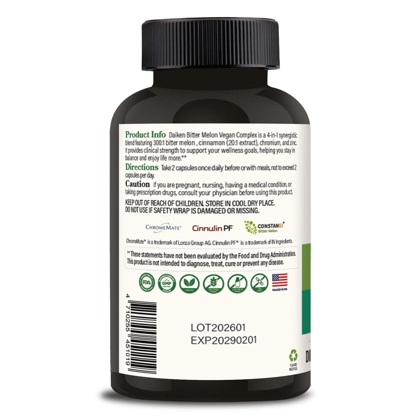DAIKEN Bitter Melon, Cinnamon & Chromium, 100% Vegetarian Bitter Melon Capsules with Cinnamon Chromium & Zinc, 60 Capsules