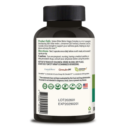 DAIKEN Bitter Melon, Cinnamon & Chromium, 100% Vegetarian Bitter Melon Capsules with Cinnamon Chromium & Zinc, 60 Capsules