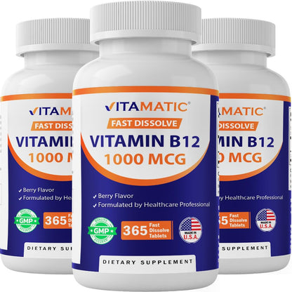 Vitamatic Vitamin B12 1000 mcg Fast Dissolve – 365 Tablets – Natural Berry Flavor – Supports Energy Metabolism & Nervous System Health