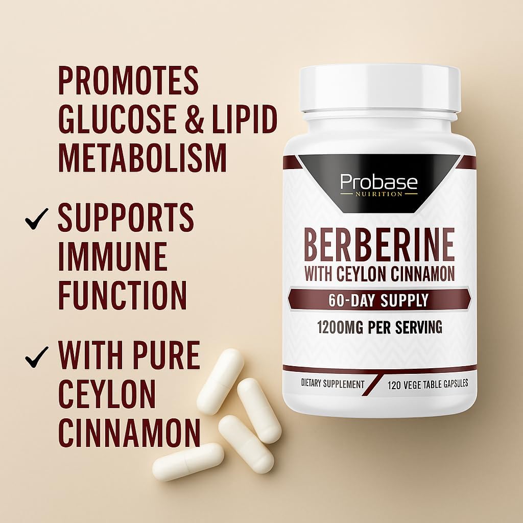 Probase Nutrition Berberine 1200mg with Ceylon Cinnamon Extract - Gluten Free and Vegan - 120 Capsules - Herbal Supplement