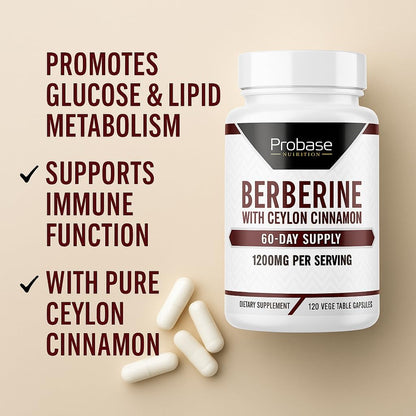 Probase Nutrition Berberine 1200mg with Ceylon Cinnamon Extract - Gluten Free and Vegan - 120 Capsules - Herbal Supplement