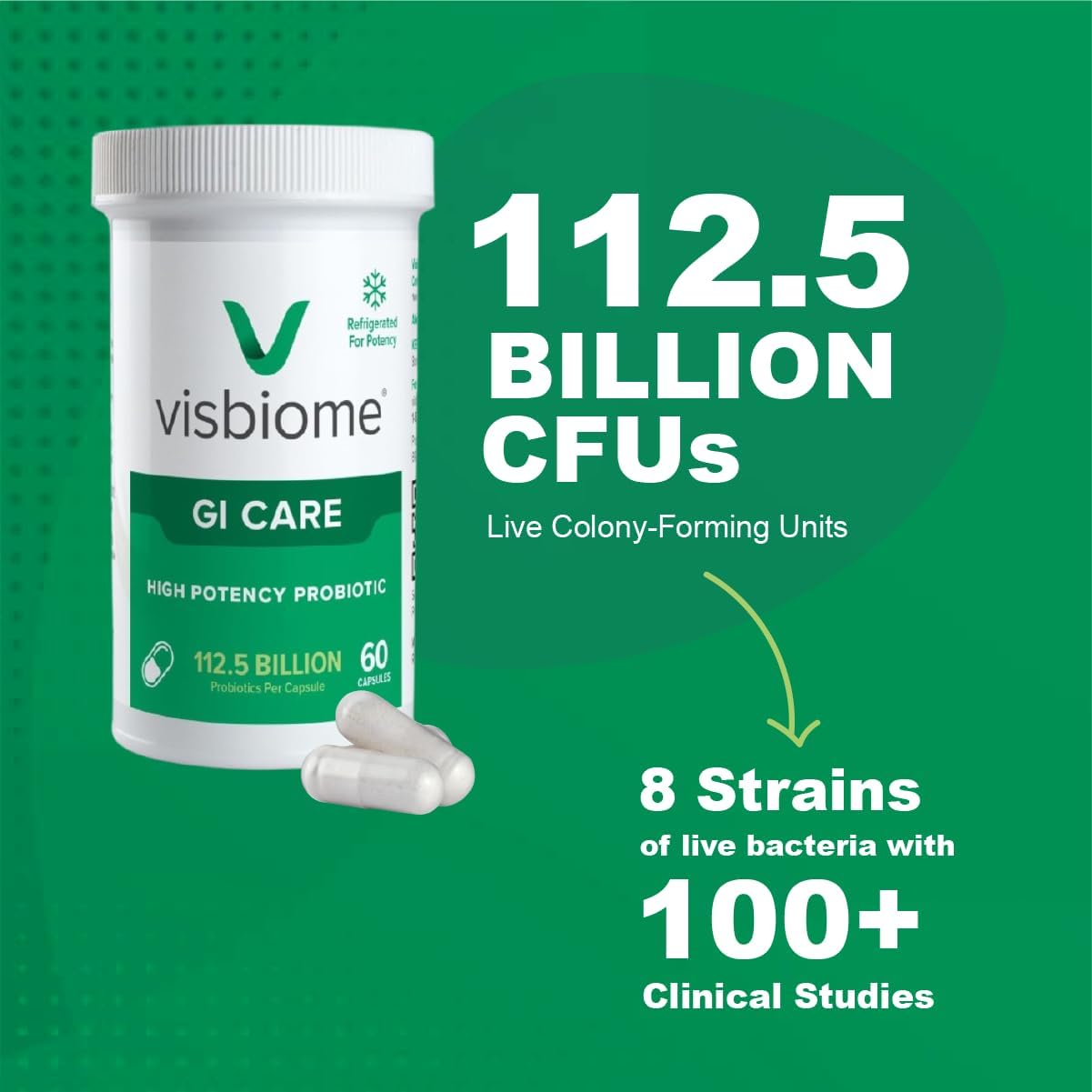 Visbiome® GI Care High Potency Probiotic, 112.5B CFU, 60 Capsules | Original De Simone Formulation®, Multi-Strain, Refrigerated Probiotics, Low FODMAP Certified, Gluten-Free, Made in USA