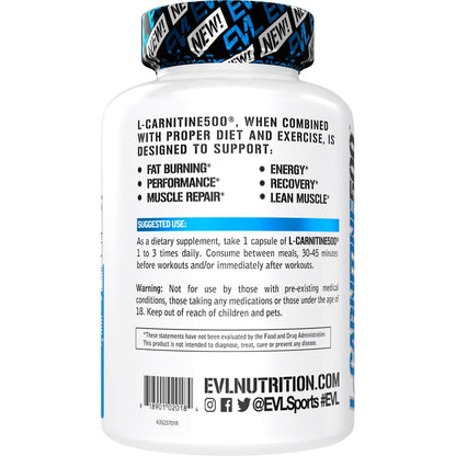 EVL L-Carnitine Supplement for Weight Loss Support - L Carnitine Tartrate for Cellular Energy Focus Endurance and Fat Burning Support - Stimulant Free Amino Acid for Fat Metabolism (120 Servings)