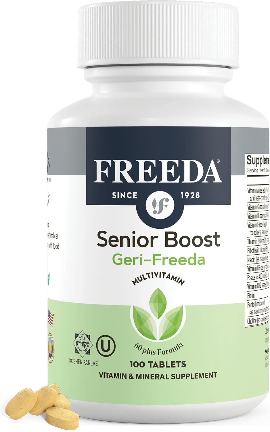 Freeda Senior Multivitamin - Kosher Vitamins for Men & Women 60 and Over - One Daily Coated Tablet - Women’s & Men’s Vitamins Multivitamin 60 Plus - Vitamins for Women Over 60 Plus Elderly (100 Count) | Kosher Senior Multivitamin with Essential Vitamins a