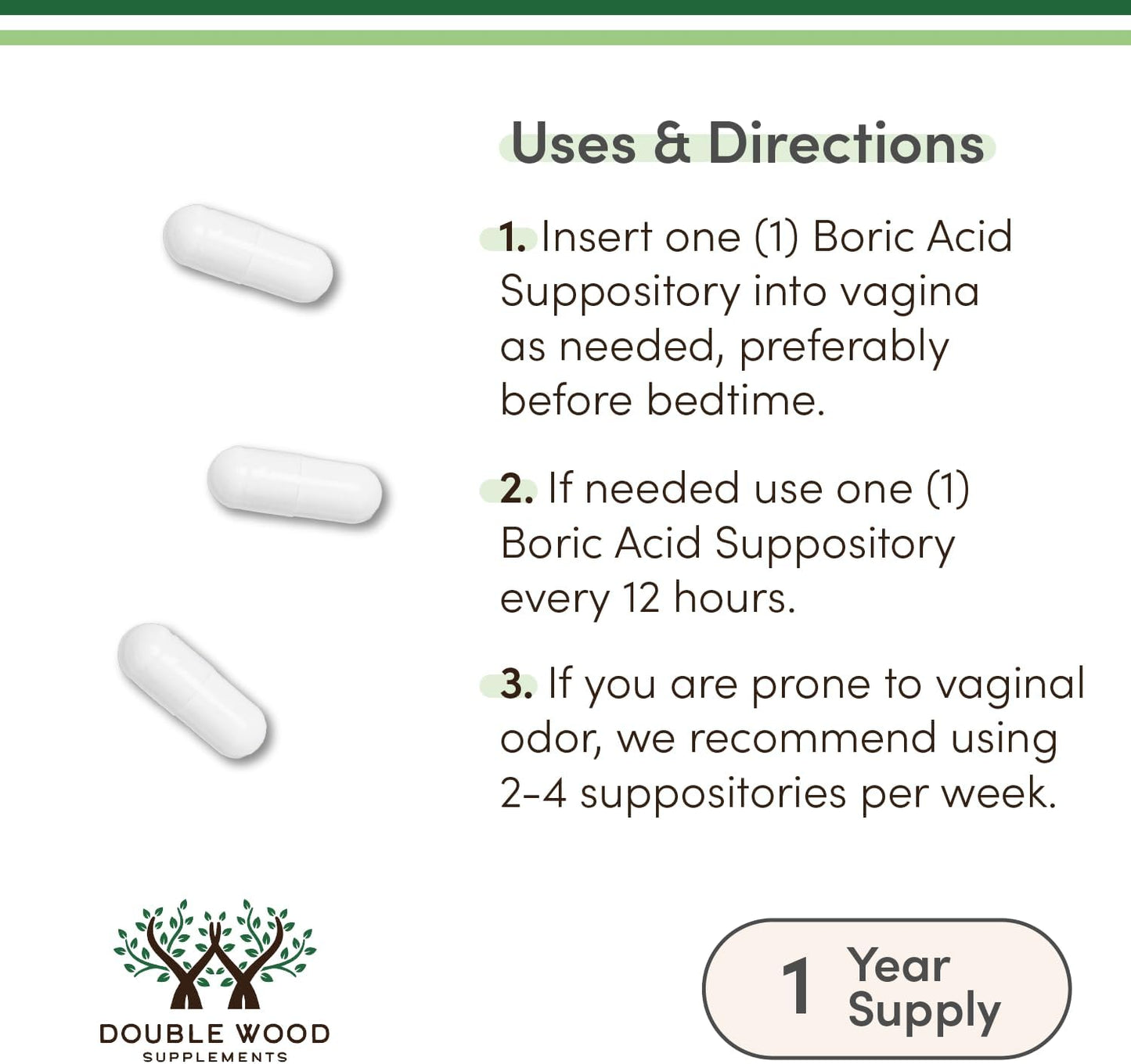 Boric Acid Suppositories 60 Count, Supports Women Health (Easy Dissolve, Third Party Tested) by Double Wood