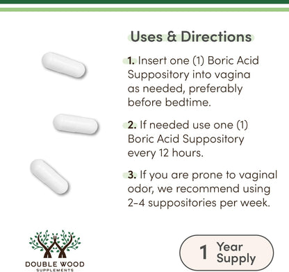 Boric Acid Suppositories 60 Count, Supports Women Health (Easy Dissolve, Third Party Tested) by Double Wood