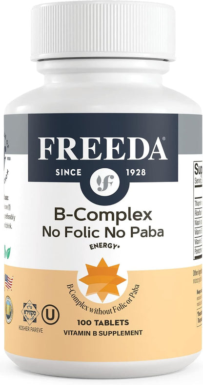 FREEDA Super B-Complex Vitamin Supplement – No Folic Acid or PABA, 100ct | Supports Energy, Metabolism, & Cellular Function – Balanced B Vitamins for Men & Women – Kosher, Vegan, Gluten-Free, USA Made