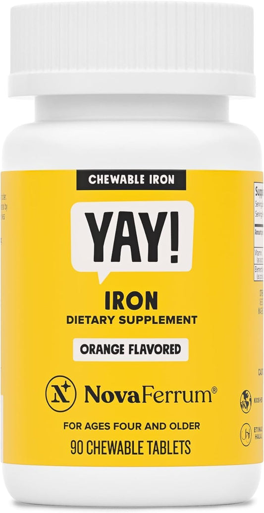 NovaFerrum Yay | Chewable Iron Supplement for Kids & Adults Ages 4 and Over | 18mg of Iron | 90 Servings | Sugar Free | Vegan | Gluten Free | Orange Flavor | For Ages 4+ | Sugar Free, Vegan, Gluten Free Certified | Orange Flavor | 90 Servings