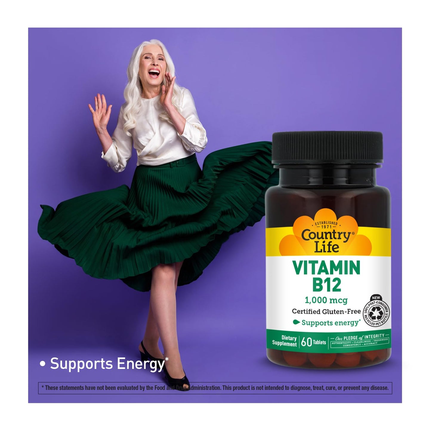 Country Life Vitamin B12 Supplement - Essential for Brain Function, Nerve Health, Red Blood Cells - Ideal for Anemia Prevention - Vegan Vitamin B, 1000 mcg - Gluten-Free, 60 Tablets