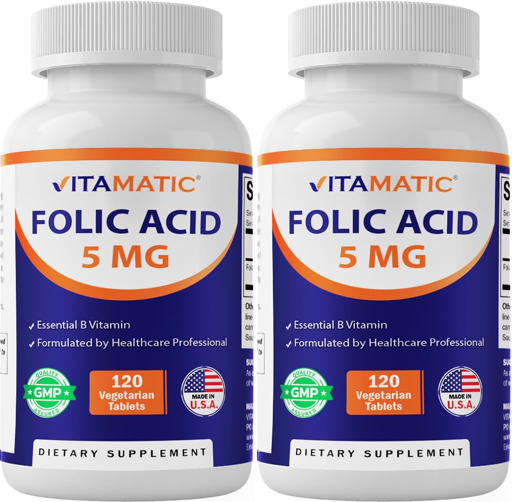 Vitamatic Folic Acid 5 mg (5,000 mcg), 120 Vegetarian Tablets | Vitamin B9 | 8,333 mcg DFE Foalte, Support Red Blood Cell Formation*, Heart & Nervous System Health*, Non GMO, Gluten Free, Made in USA