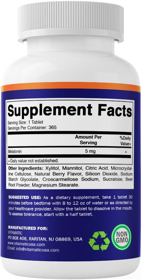 Vitamatic Melatonin 5 mg Tablets | Vegetarian, Non-GMO, Gluten Free | 1 Year Supply | Natural Berry Flavor - 365 Tablets