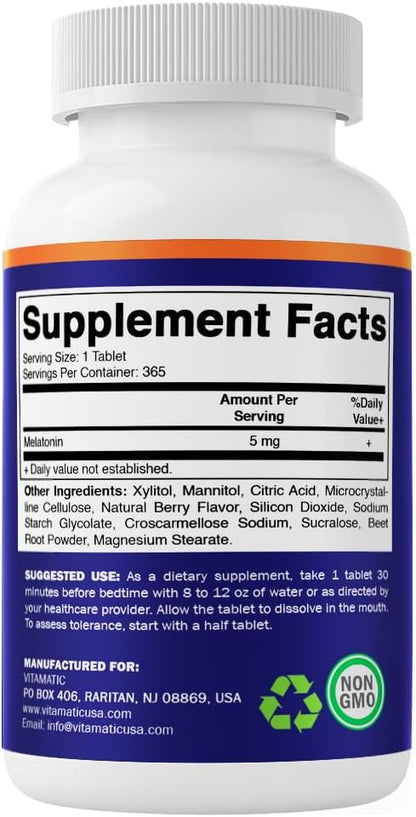 Vitamatic Melatonin 5 mg Tablets | Vegetarian, Non-GMO, Gluten Free | 1 Year Supply | Natural Berry Flavor - 365 Tablets