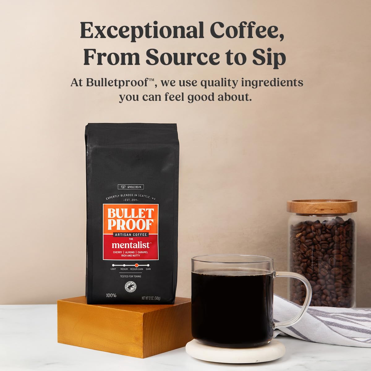 Bulletproof Original Medium Roast Whole Bean Coffee, 12 Ounces, Clean Coffee Tested for Toxins