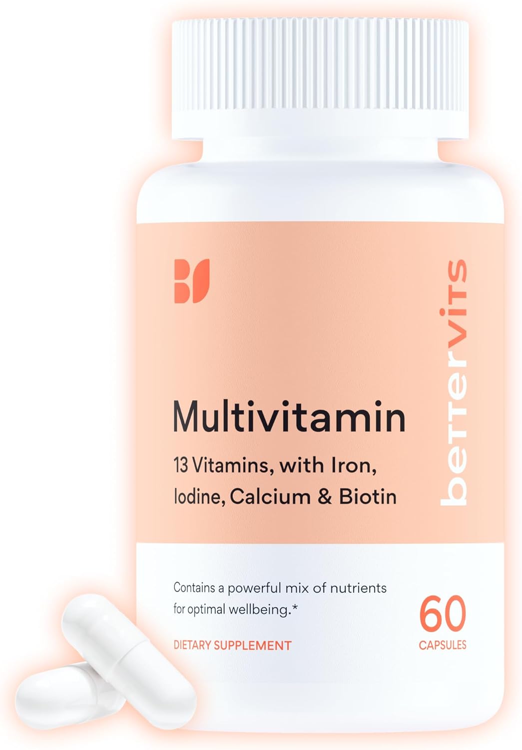 Bettervits Multivitamin for Women & Men | Womens Daily Multivitamin with 13 Essential Vitamins Iron, Iodine, Calcium and Biotin | Vitamins A, K2, D3, C, B1, B2, B3, B5, B6, B7, B9, B12 | 60 Capsules
