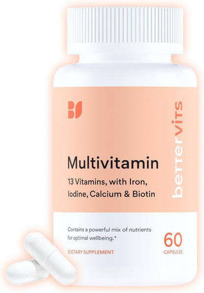 Bettervits Multivitamin for Women & Men | Womens Daily Multivitamin with 13 Essential Vitamins Iron, Iodine, Calcium and Biotin | Vitamins A, K2, D3, C, B1, B2, B3, B5, B6, B7, B9, B12 | 60 Capsules