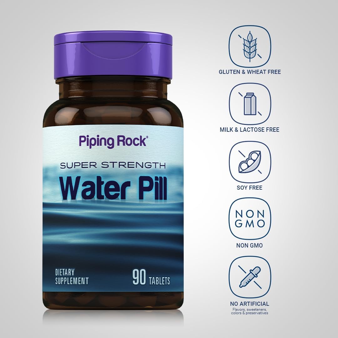 Piping Rock Water Pill for Men and Women | 90 Tablets | Super Strength Supplement with Potassium |Vegetarian, Non-GMO, Gluten Free